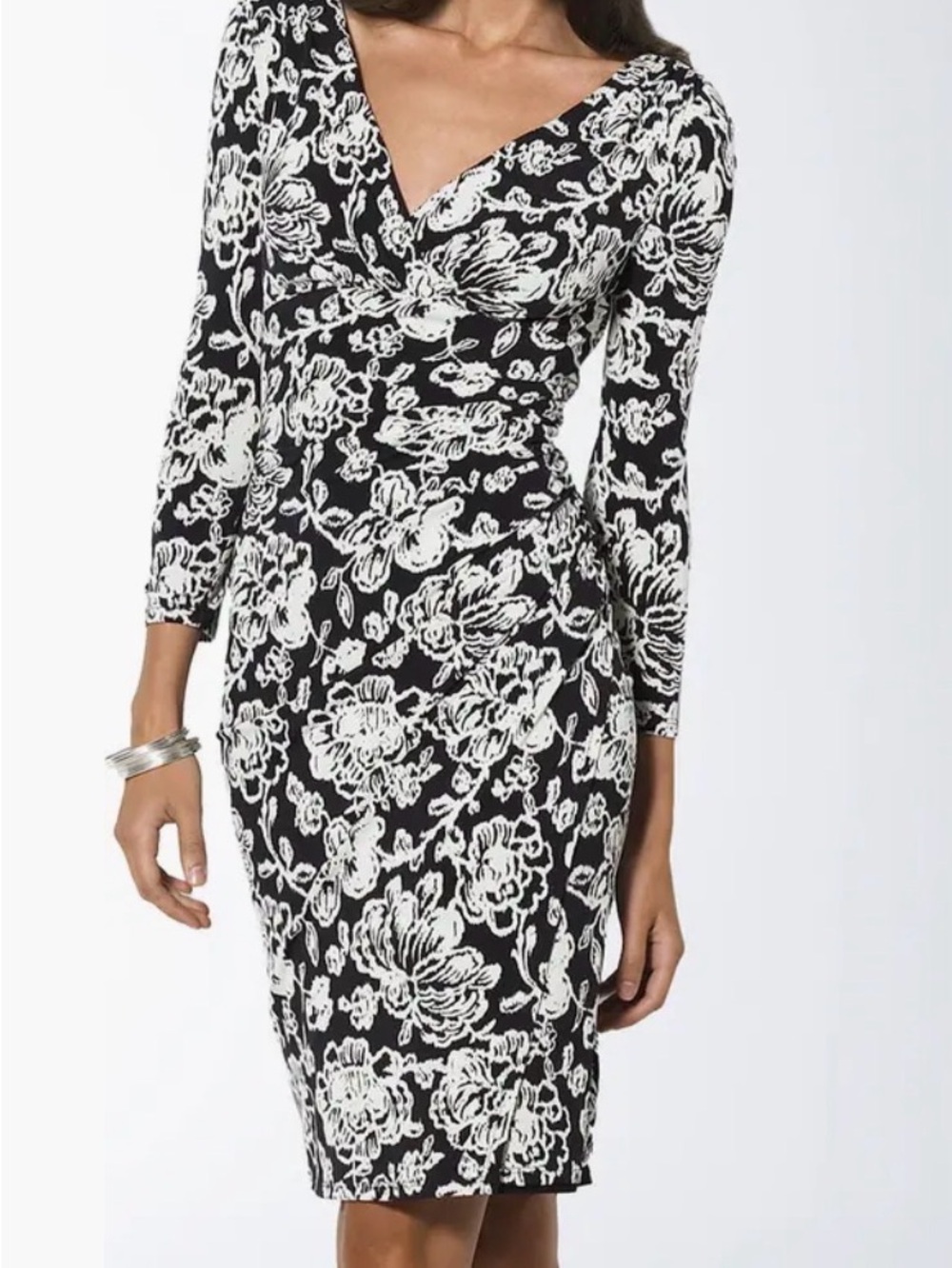 Lauren Ralph Lauren Black and White Floral Ruched Wrap-Style Dress